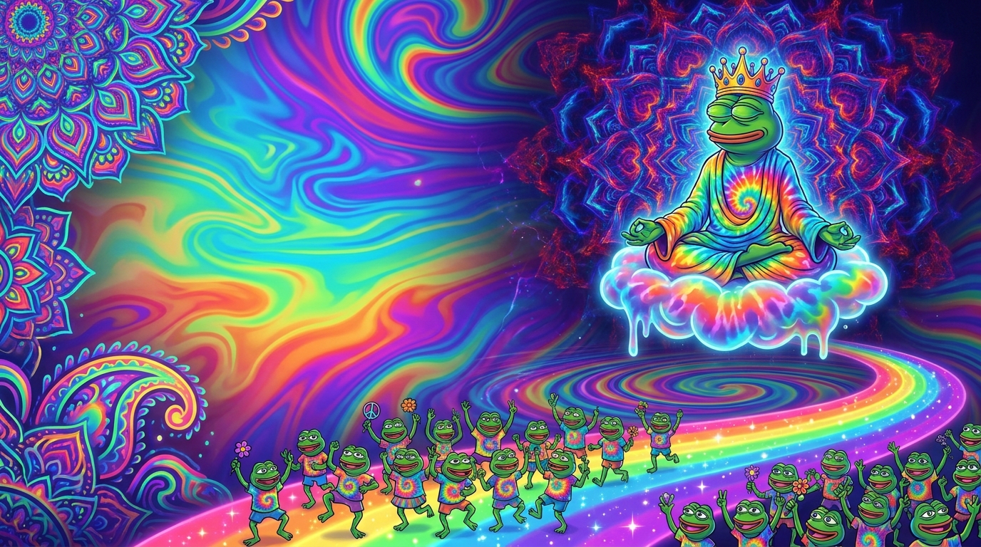 crowned tie dye frog floating on a psychedelic cloud